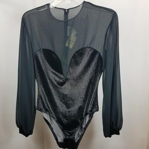 Natori Women's Black Sheer Long Sleeve Bodysuit M